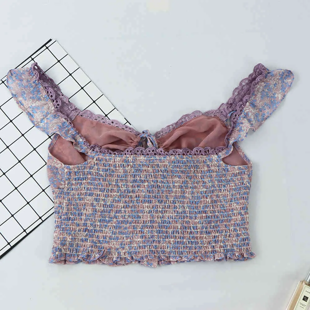 Women Floral Print Shirred Camis Tops Ruffle Square Neck Bow Beskuren skjorta Camisole Summer Crop Top 210520
