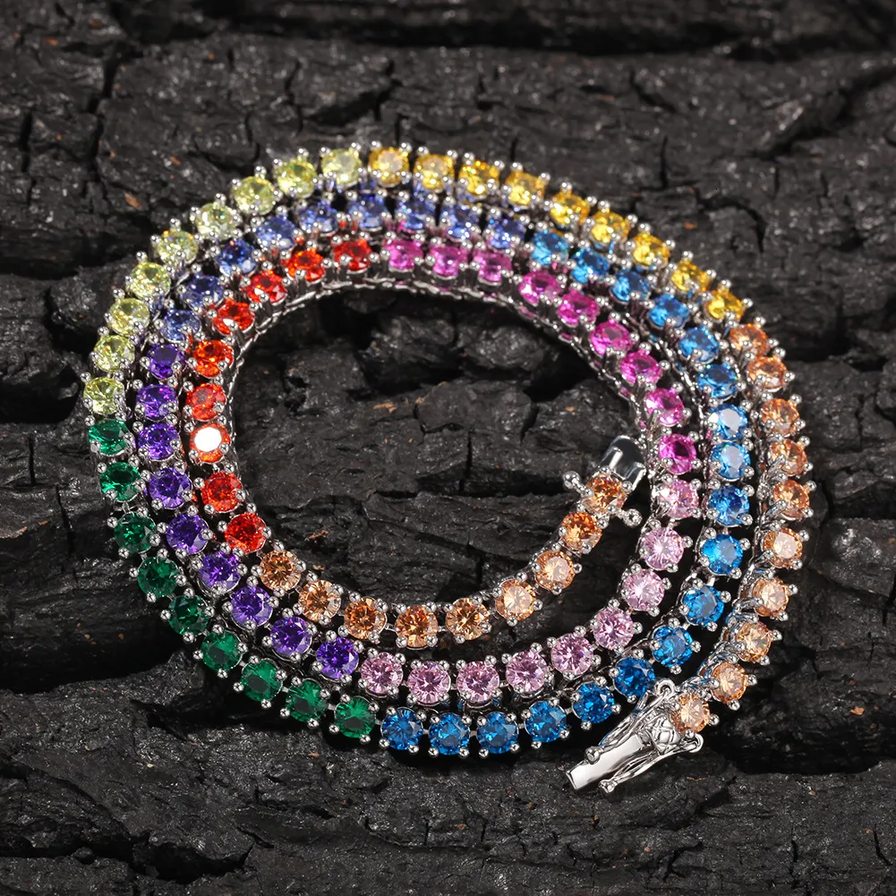 Męski diament lodowany w tenisowym złotym łańcuchu Rainbow Kolorowe naszyjniki moda