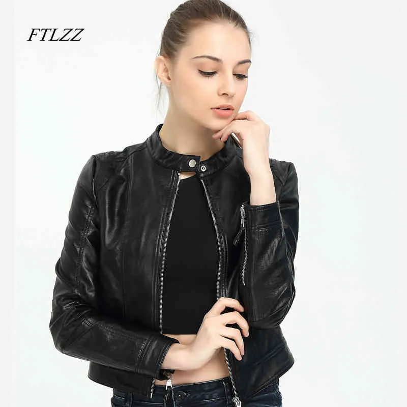 Femmes printemps automne Pu cuir veste Vintage fermeture éclair lavé moto vestes mince court grande taille motard manteaux femme 210430