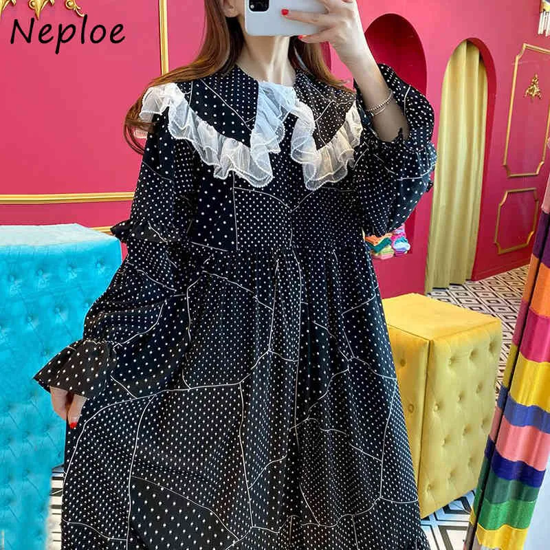 Elegant Lace Patchwork Loose Dress Women High Waist Hip Ruffles A Line Long Vestidos Doll Collar Sleeve Robe Spring 210422