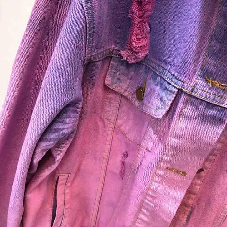 Korobov Jesień Zima New Arrival Hit Kolor Denim Jacket Harajuku Różowy Purple Patchwork Jean Coat High Street Bomer Jacket 79007 210430