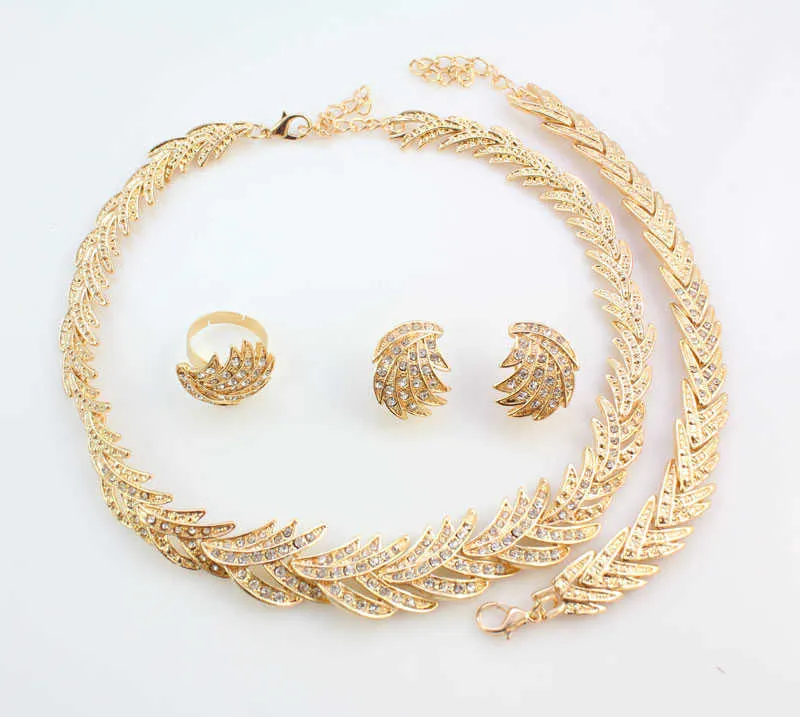 Perles africaines ensembles de bijoux pour femmes feuilles forme or couleur cristal collier boucles d'oreilles Bracelet accessoires de mariage + coffrets cadeaux H1022