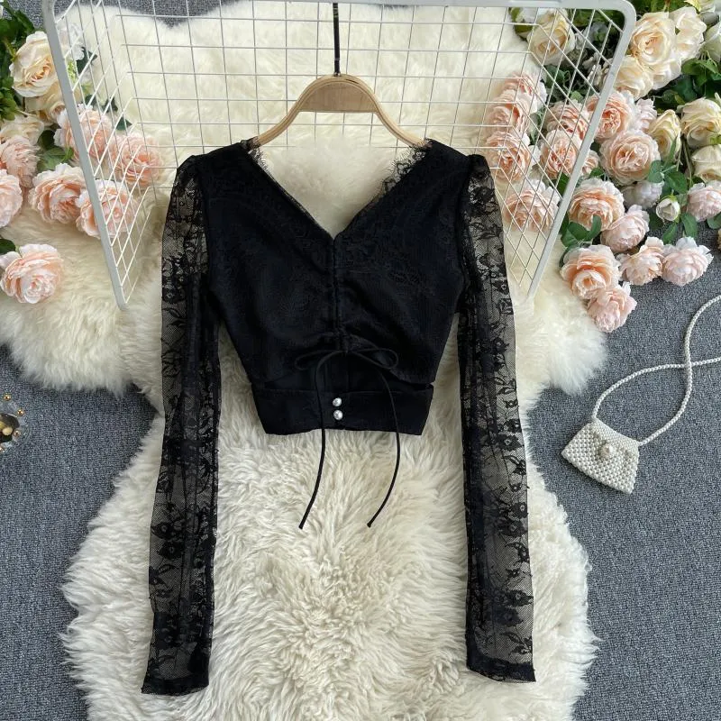 SINGREINY Women Black Lace Blouse Design Hollow Backless V Neck Long Sleeve Slim Tops Spring Korean Streetwear Short Blouses 210419