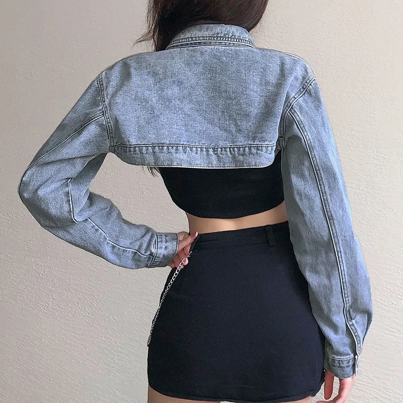 Ezgaga Jean Jacket Women Long Sleeve Extra Short Patchwork Pocket Single Breasted Female Denim Tops Clothes Casual Streetwear 210430