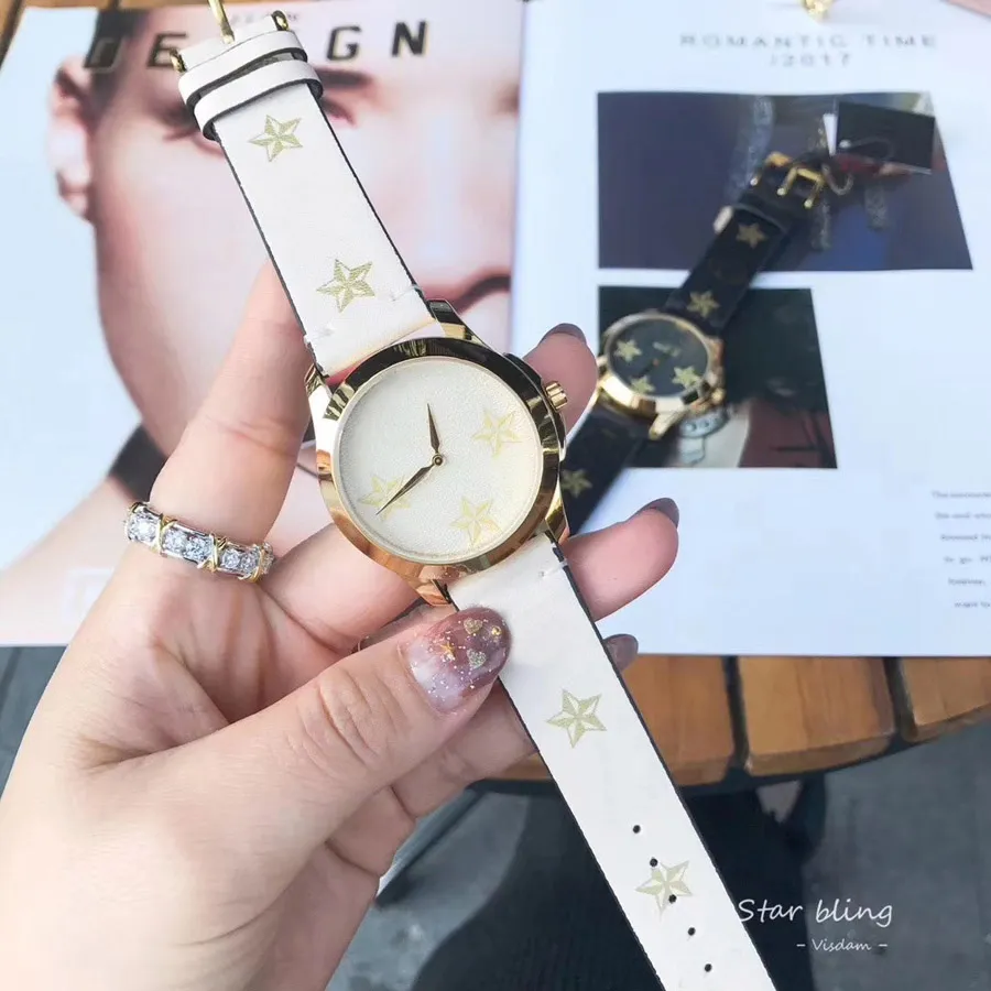 Modemarke Uhren für Frauen Dame Mädchen fünfzackigen Stern Biene Stil Lederband Quarz-Armbanduhr G783044