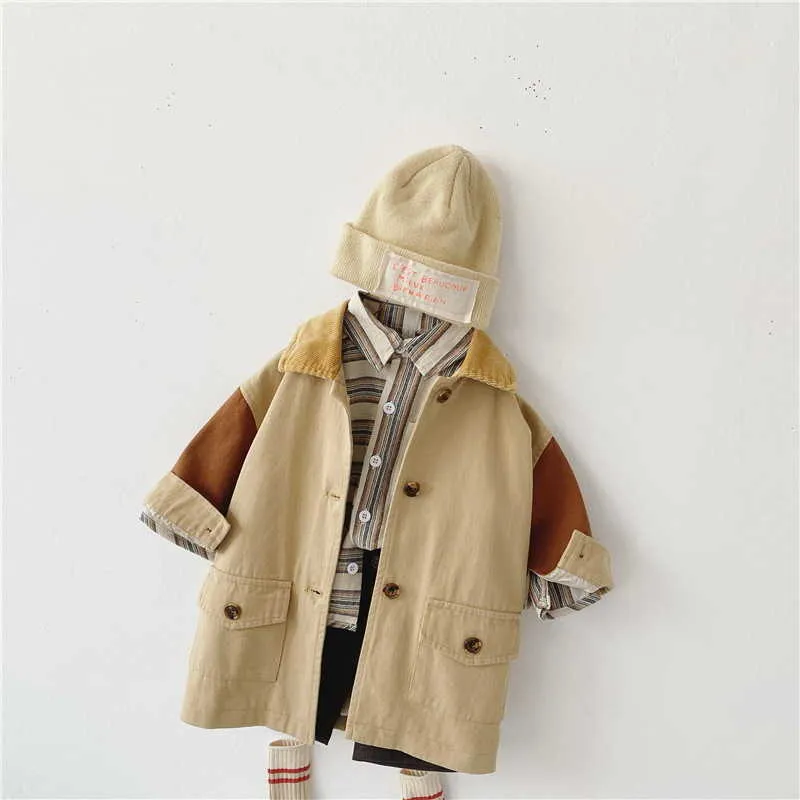 Printemps coréen style enfants garçons filles trench décontracté patchwork poche vêtements d'extérieur enfants vêtements de mode E5024 210610