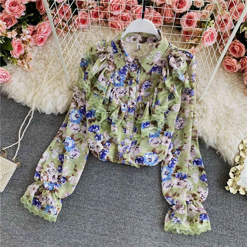 Lente Herfst Koreaanse stijl Gepareerd Floral Chiffon Shirt Dames Retro Losse Slanke Mode Top C160 210506