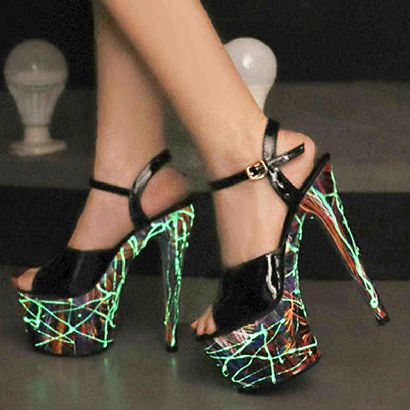 Sandals Women's Plus Size 34-43 Platform Sandals Fluorescent Luminous 20CM Super High Heels Stiletto Model Catwalk Party Pole Dancing 220309