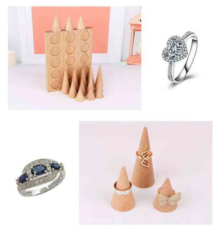 Soporte de anillo de dedo con forma de cono de madera Natural, soporte para presentación de joyería, soportes de escaparate, bandeja para pulsera y anillos 2111052573