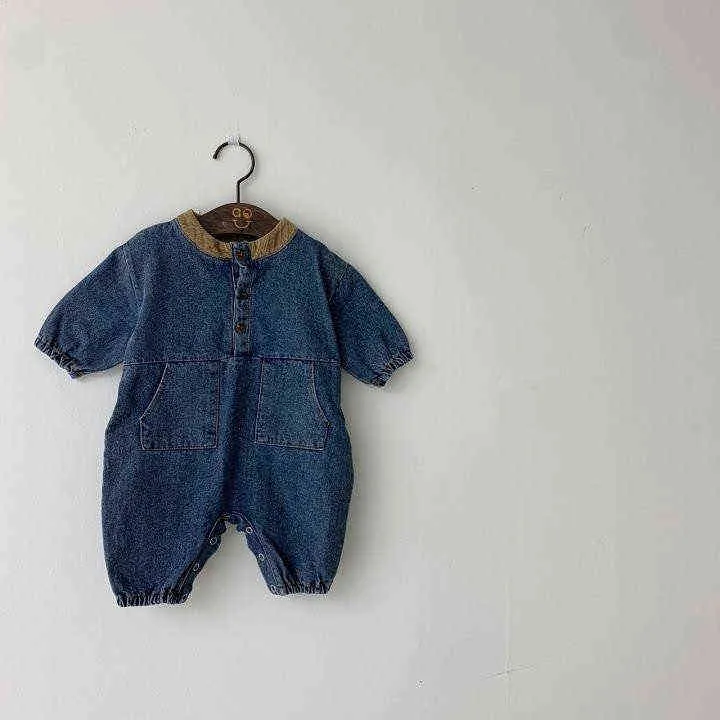 Jesień Zima Maluch Chłopiec Ubrania Dzieci Baby Girl Denim Romper Z Długim Rękawem Kombinezon Playsuit Outfit Set 211101