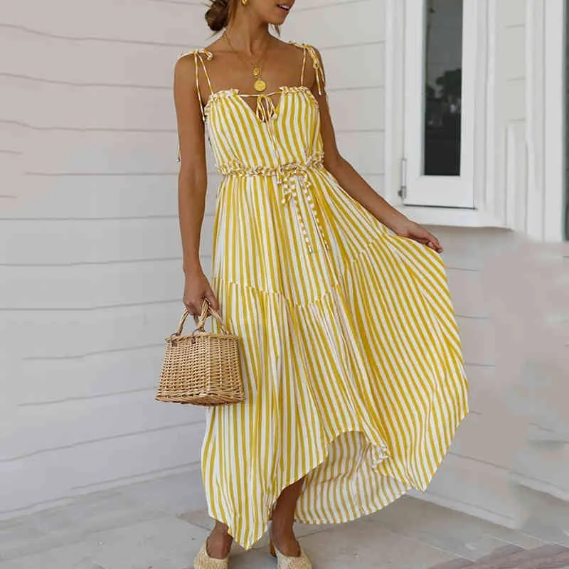 Foridol Striped Lace Up Yellow Maxi Long Dress WomenのフリルカジュアルビーチホリデーSundressセクシーな背中の不規則なドレスvestidos 210415