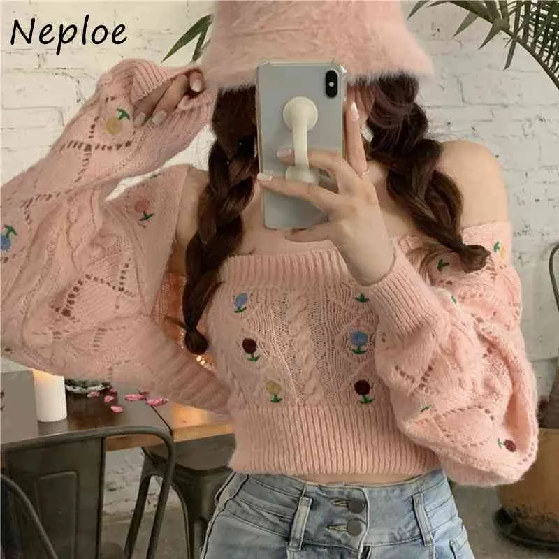 Neploe Square Collar Clavicle Exposed Sexy Strickpullover Frauen Pullover Langarm Slim Pull Femme Kurze Rosa Sueter Frühling 210423