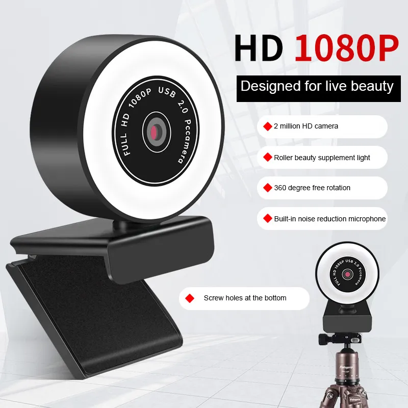 Autofokus 2k 1080p Cam HD-mikrofon Ringljus Dators PC-kamera med LED-lampa Webkamera Skype Obs ånga