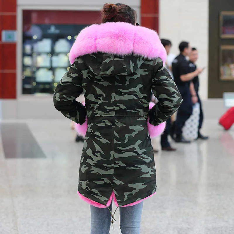 Parka de invierno cuello de piel real con capucha gruesa cálida forro de piel de conejo rex artificial chaqueta de abrigo de piel de lujo de moda 211018