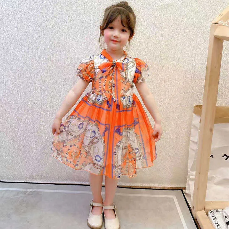 Été Fille Enfants Bleu Fleur Robe Chifon Robes De Princesse pour Bébé Filles Orange Élégant Robe Pour Bébé Vêtements Q0716