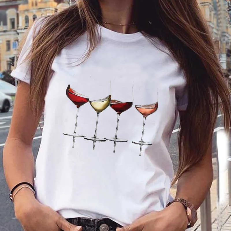 T-shirt feminino impressão de vinho senhora manga curta casual desenho animado t-shirt de grande t-shirt de t-shirt feminino x0527