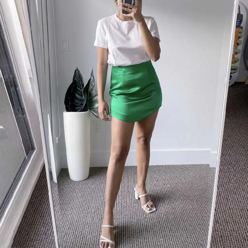 Mulher elegante verde magro cetim curta saia primavera moda streetwear zipper mini s meninas y2k alta cintura lápis 210621