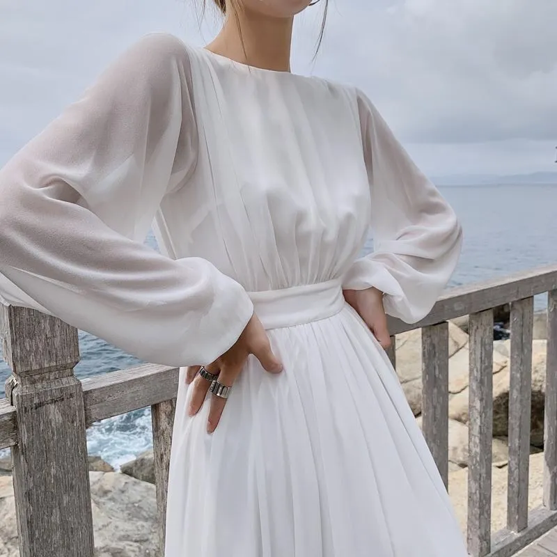 Designer elegante até o chão branco lanterna mangas chiffon a linha praia vestido de casamento fenda lateral vestidos de noiva vestidos 2104212384334