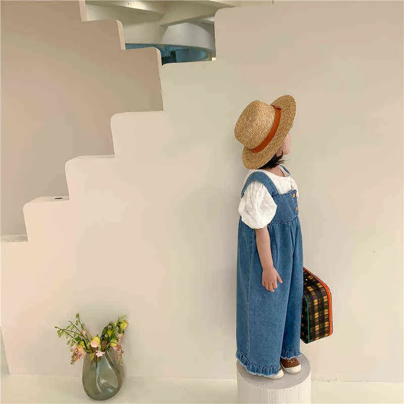 Spring Autumn Korean style girls fashion wide leg ruffles denim overalls Kids oversized loose suspender trousers 211102