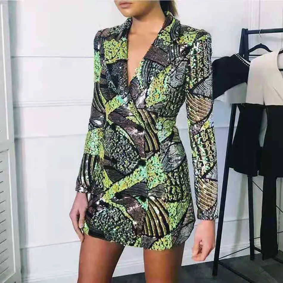 Gratis kvinnors glänsande sequin blazer klänning sexig lapel långärmad dubbel breasted bodycon party mini vestido 210524