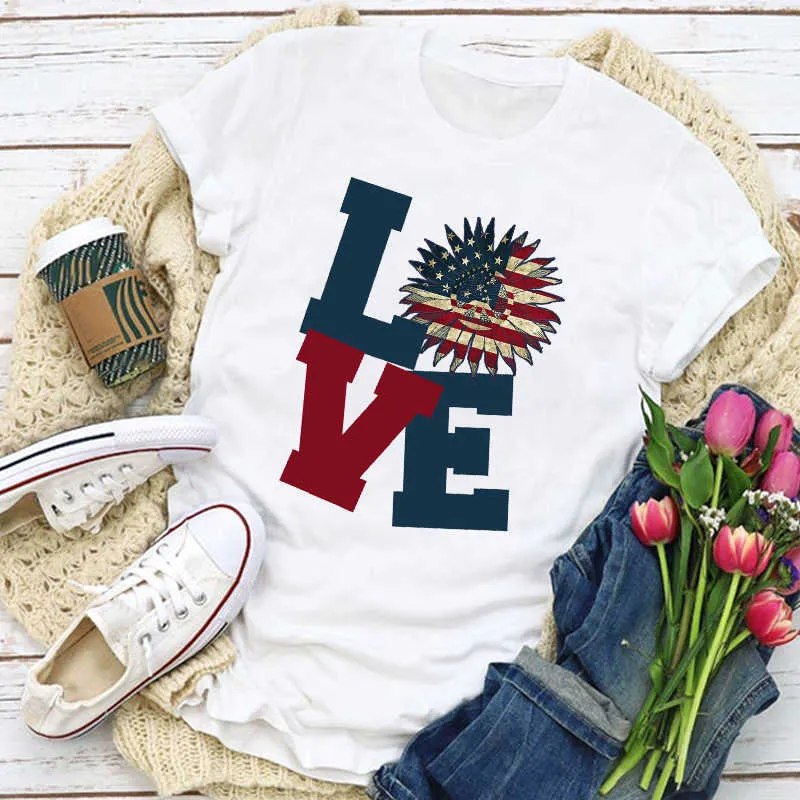 Kobiety Graficzny Usa Flaga Ameryka Patriotyczna Love Lip Star Summer T-shirt Topy Lady Damskie Odzież Odzież Tee Kobieta T Shirt X0527