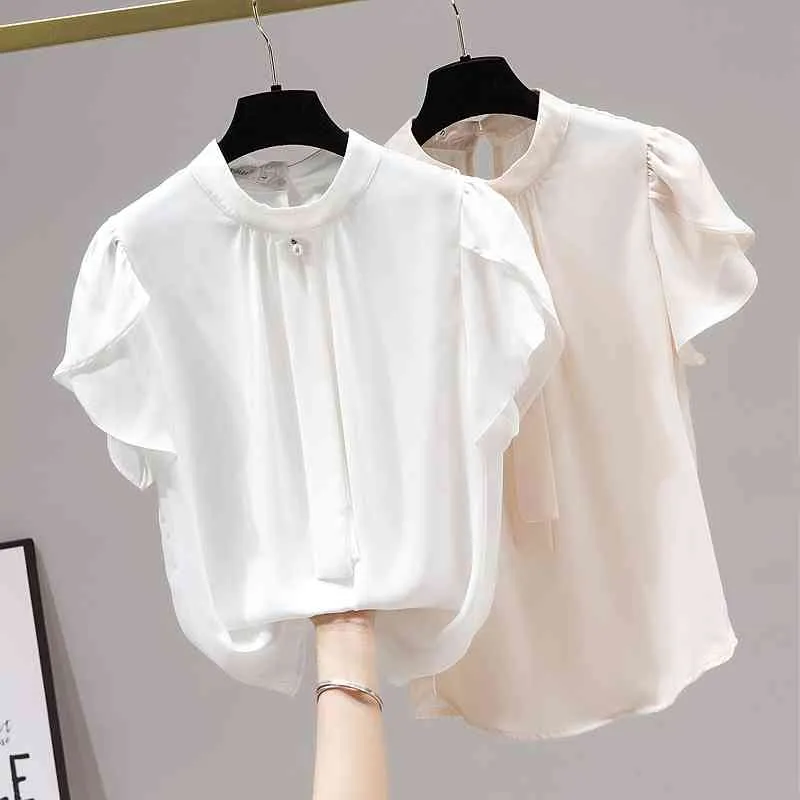 Style coréen Summer Femmes Manches courtes Casual Chemises en mousseline de soie Femme Pull Tops Bureau Dames Chemise Blouse 210428