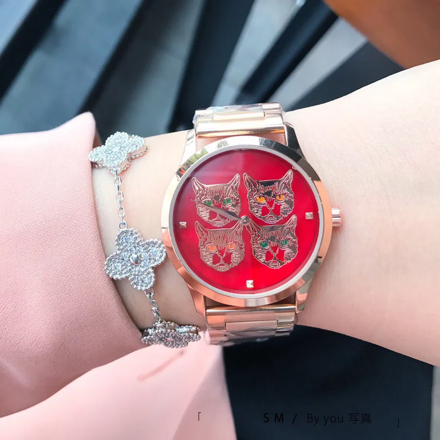 Modemarke Uhren für Frauen Lady Gril Cat Stil Edelstahlband Quarz-Armbanduhr G912351