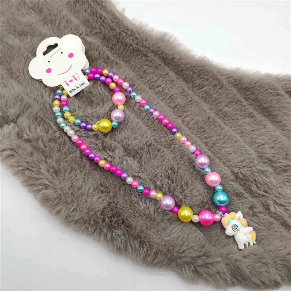 Детский комплект ювелирных изделий с единорогом, ожерелье, цветной браслет, аксессуары для девочек