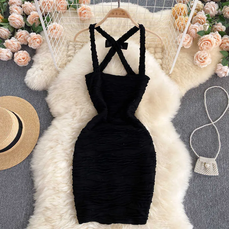 Black/White Sexy Draped Bodycon Dress Women Club Party Criss-Cross Spaghetti Strap Vestidos Elegant Open Back Mini Robe Summer Y0603