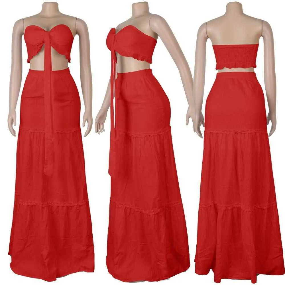 Matching Sets Two Piece Dress Women Strapless Cami Top & High Waist Skirt Solid Chic Plus Size Suit 210730