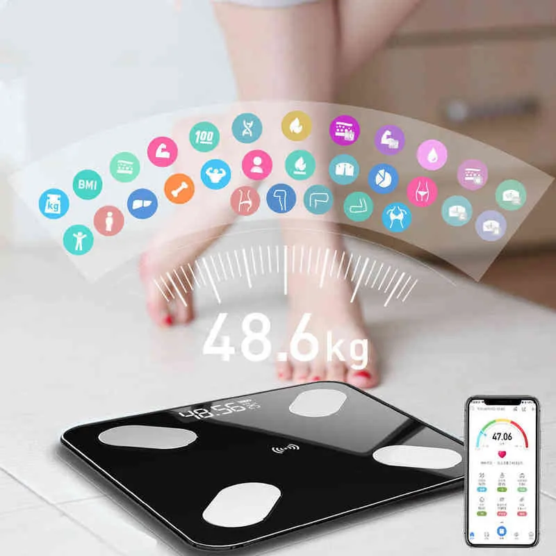Цифровой масштаб весов Bluetooth-совместимый приложение для тела BMI Smart Electronic Scale Домашняя ванная комната Весы Дисплей температуры H1229