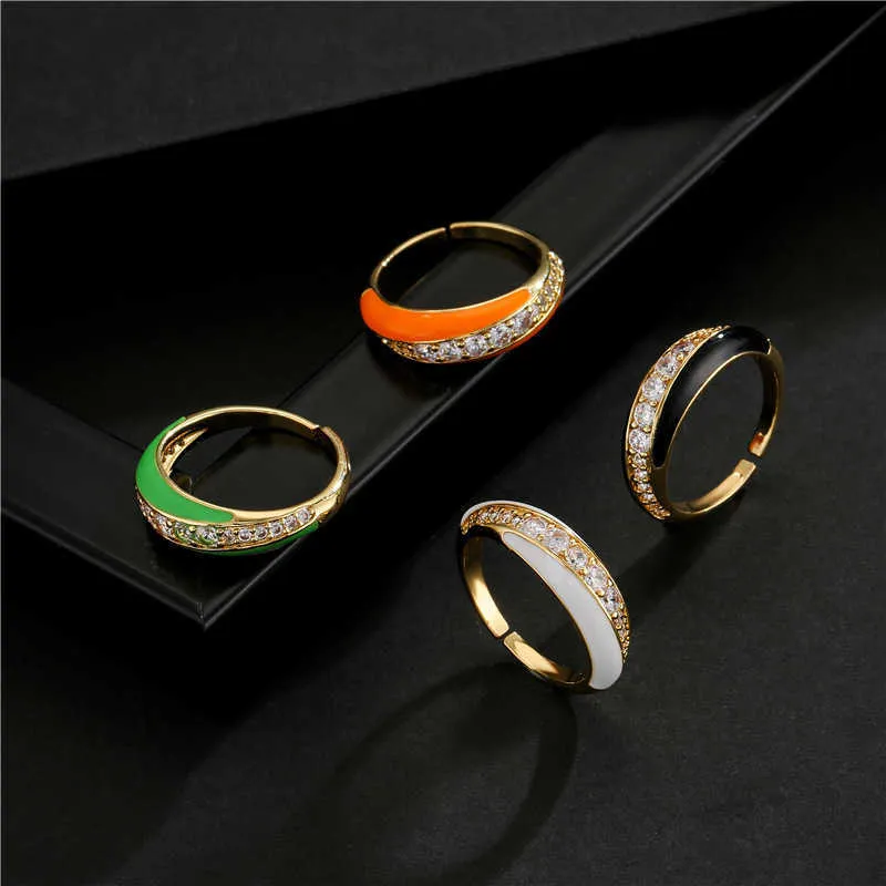 Colorful Enamel Open Ring Copper Gold Plated Clear CZ Engagement Eternity Band Stack Women Finger Ring X0715