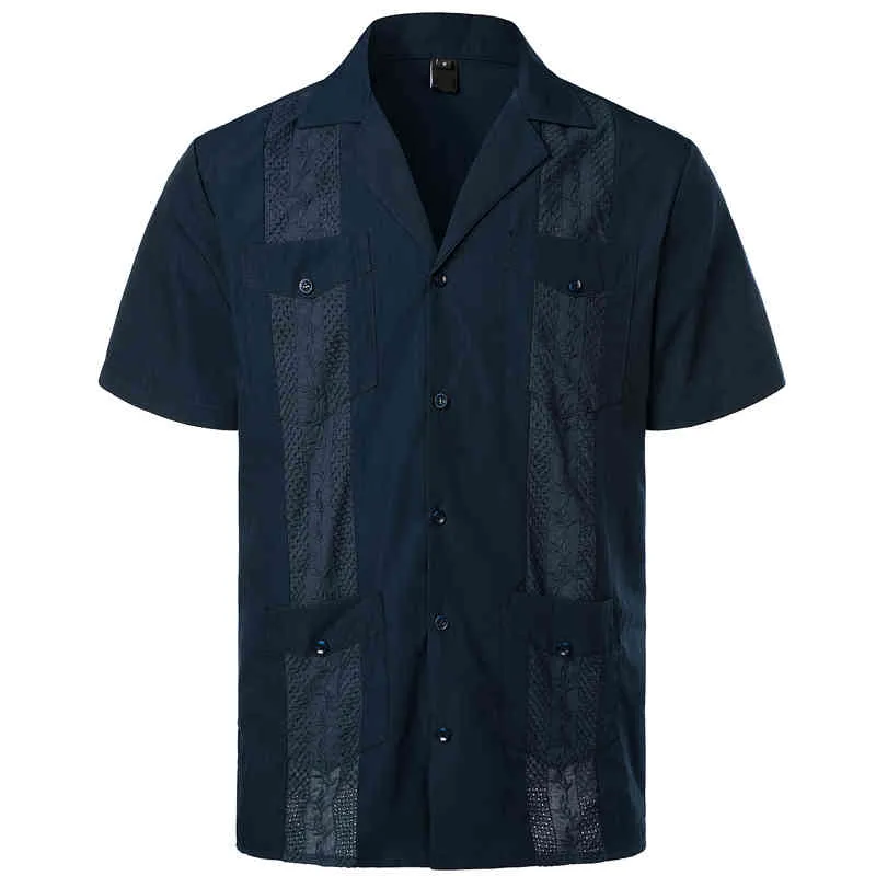 Embroidery Floral Solid Summer Mens Shirt Casual Lapel Button Short Sleeve Shirts for Men Cuban Camp Guayabera Chemise Homme 2XL 210524