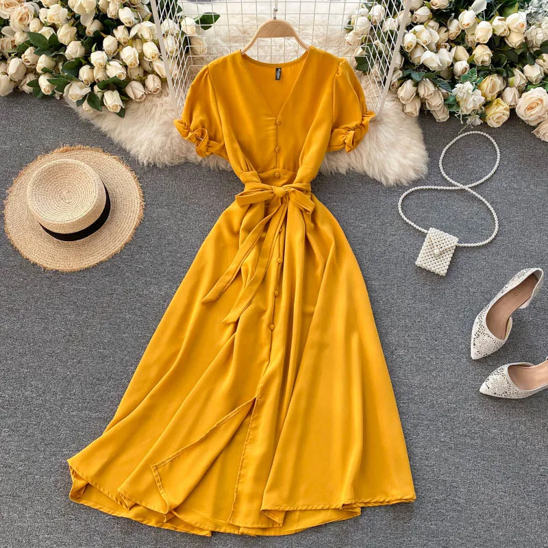 SINGREINY Women Elegant French Dress Summer Puff Sleeve V Neck Solid A-line Office Dresses Fashion Streetwear Split Midi Dress 210419