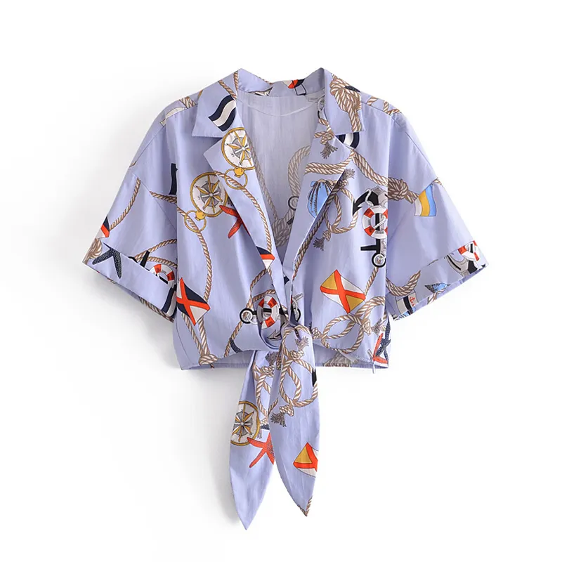 Women Summer Print Short Blouses Shirts Tops Sleeve Bow Tie Female Elegant Casual Street Top Tunic Blusas 210513