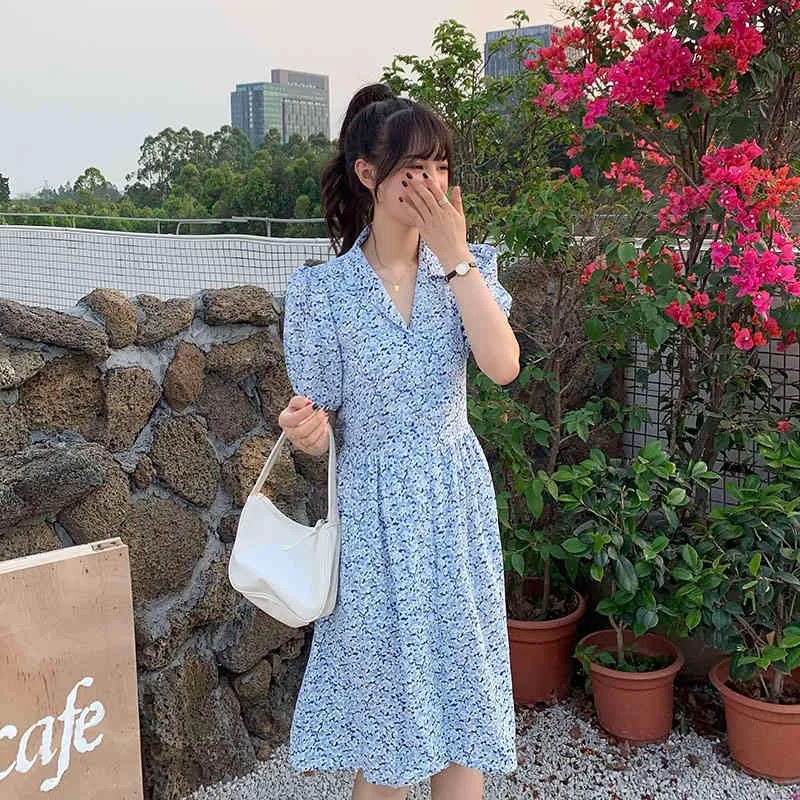 Summer Sweet Vintage Puff Sleeve Chic Print Shirt Dresses Slim Waist Woman Dress Japanese Style Vestidos 210515