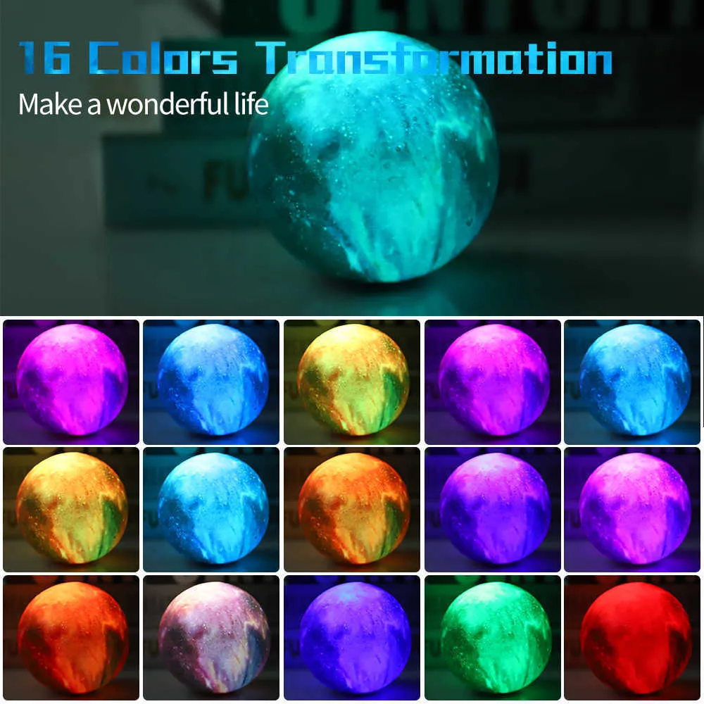 3D Print Galaxy Rechargeable Moon Lamp Change Light Touch Remote Bedroom Bookcase Night Lights Creative Dropshipping Y0910