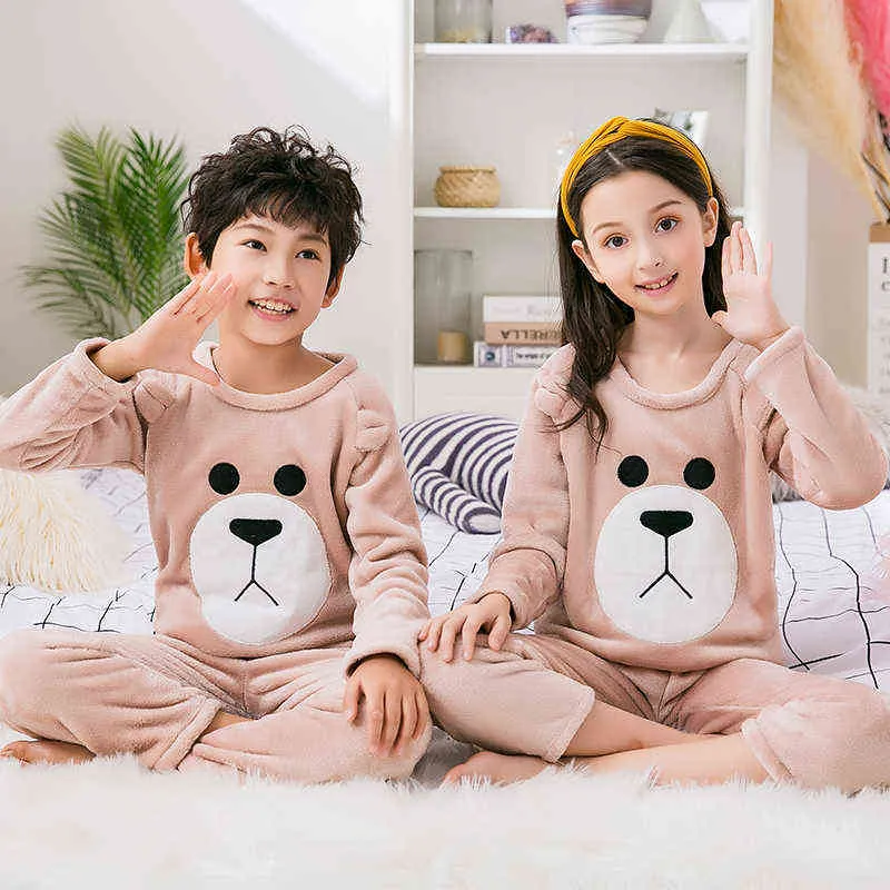 Arrivals Autumn Winter Warm Flannel Children Pajamas Set Cute Sleepwear Suit Girls Nightwear Pants Boys Kids Gift 211105