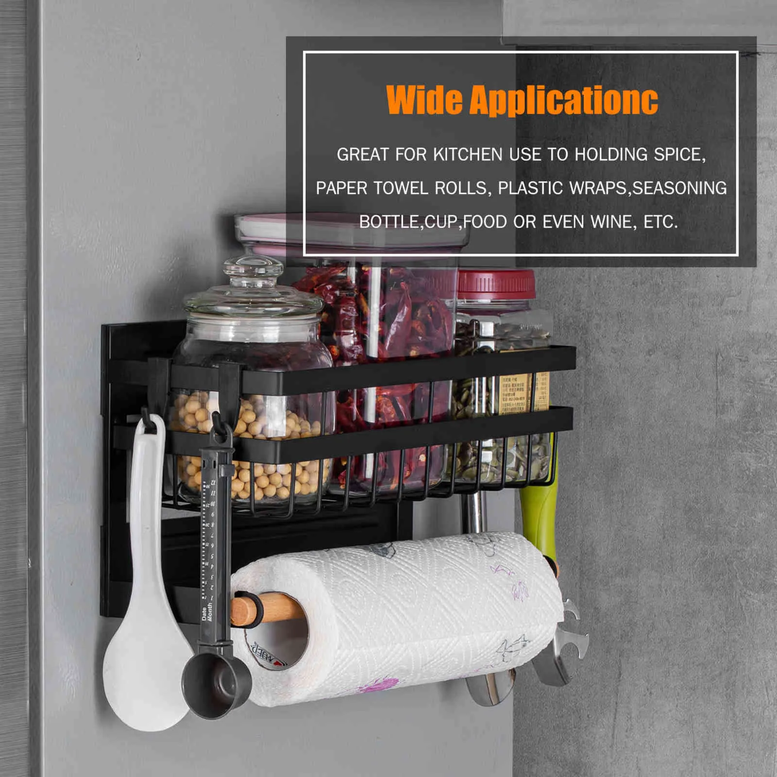 Magnetic Spice Rack for Refrigerator Kitchen Storage with Hook Paper Towel Holder Side Hanging Organizer Shelf 211102