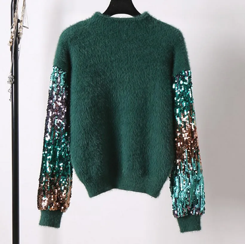 Qooth Winter Lady 's Sweater Sequins 긴 소매 패치 워크 풀오버 패션 모헤어 터틀넥 니트 스웨터 여성 QH1895 210518