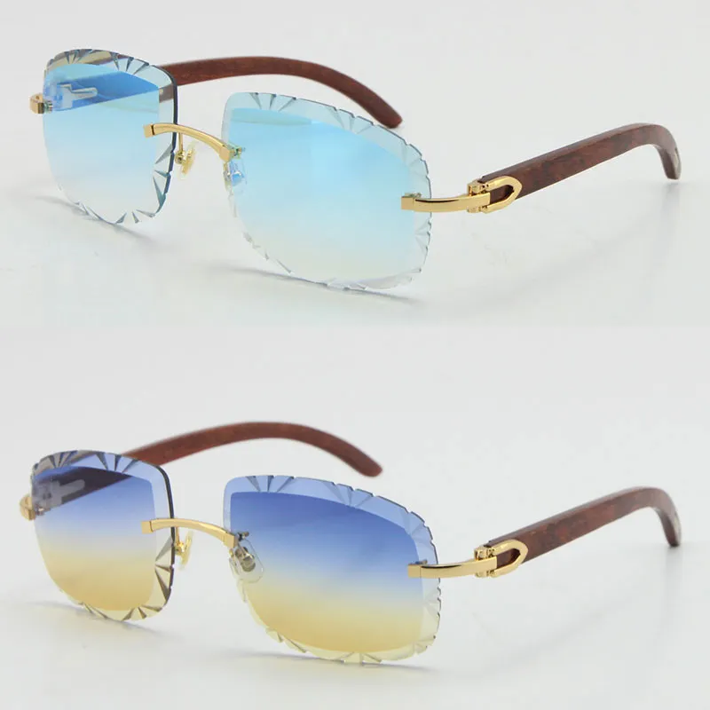 Whole Rimless Wood Carved lens Sunglasses for women Vintage Limited Wooden Trimming Len 18K Gold metal frame Sun glasses Unise263y