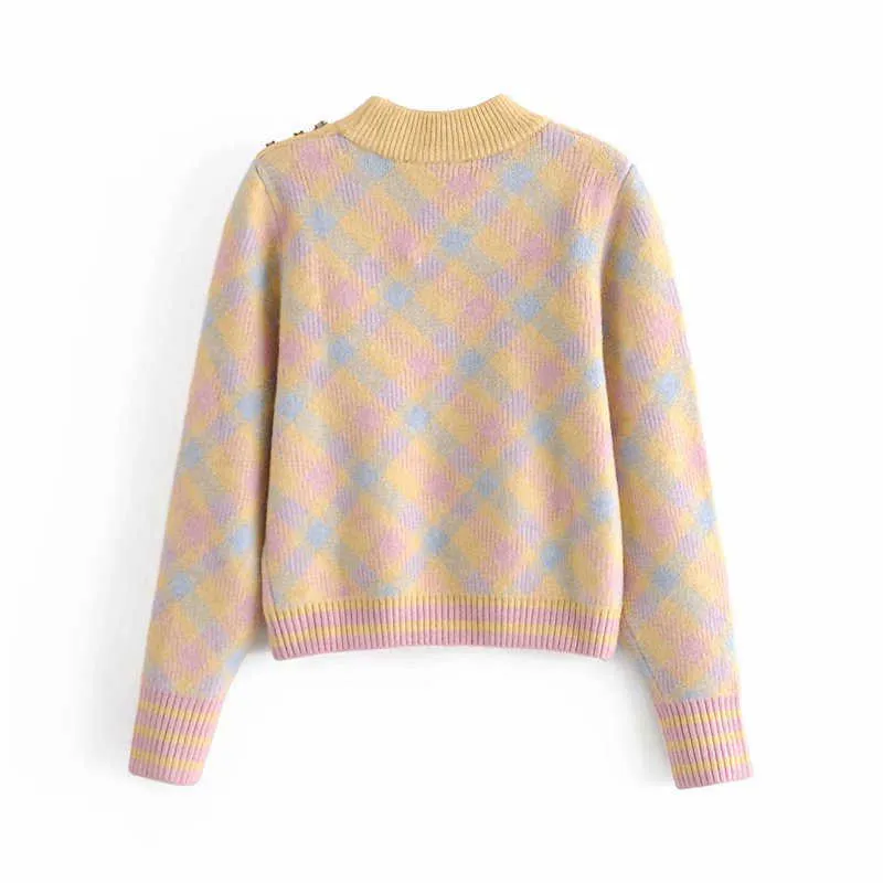 Za Cute Knit Argyle Sweater Women Long Sleeve O Neck Jewel Buttons At Shoulder Pullover Female Fashion Rib Trim Winter Top 210602
