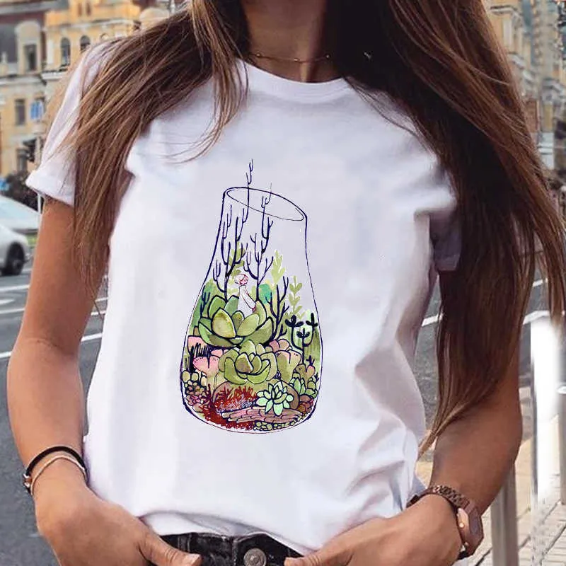 Mujeres Gráfico Planta Floral Dulce Lindo 2021 Moda Primavera Verano Estética Impresión Ropa Femenina Tops Tees Camiseta Camiseta X0527