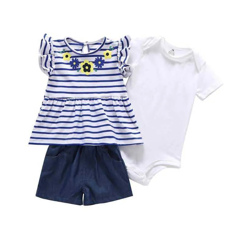 Baby Girl Set Cartoon Bodysuit + T-shirt + Shorts Bomull Outfits Kläder E26535 210610