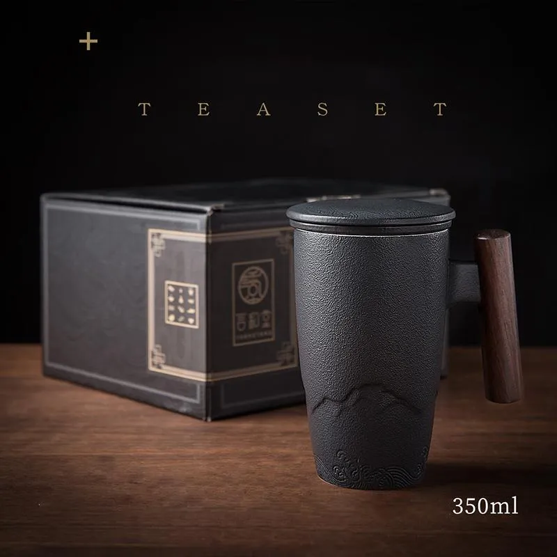 Canecas Luxo Retro Xícara de Chá Cerâmica Caneca Grande Capacidade Filtro de Escritório Água Preta com Capa De Madeira Lidar Copos Ideias de Presente Box243a