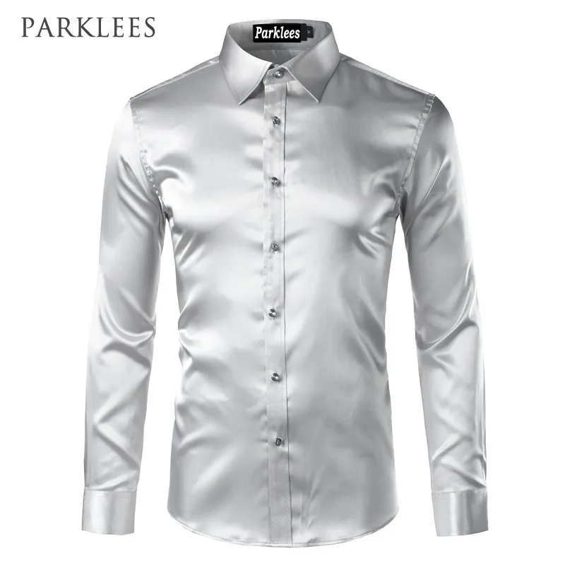 Zijde Shirt Mannen 2022 Satijn Gladde Mannen Effen Tuxedo Shirt Business Chemise Homme Casual Slim Fit Glanzend Gouden Trouwjurk shirts 220222