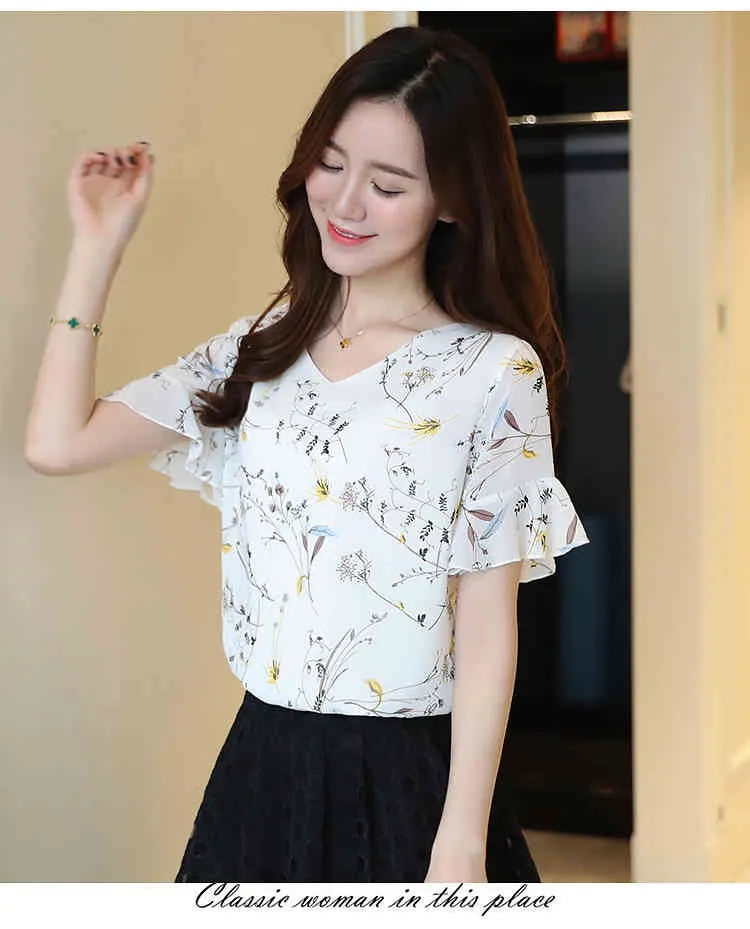 Summer Women Shirt Chiffon Short Sleeves Female Blouses Korean Sweet Floral Ruffled Trumpet Tops Blusas D656 30 210506