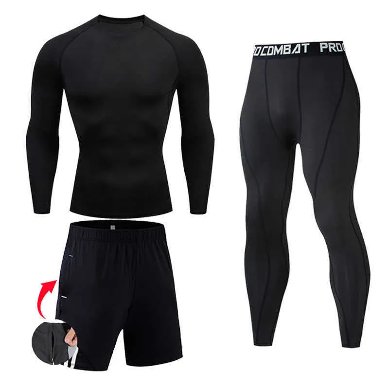 Men Compression set MMA Long Sleeve T-shirt Men's Tight Pants Fitness Bodybuilding Clothes Skull Top Rashguard Sport Suit Men 211023