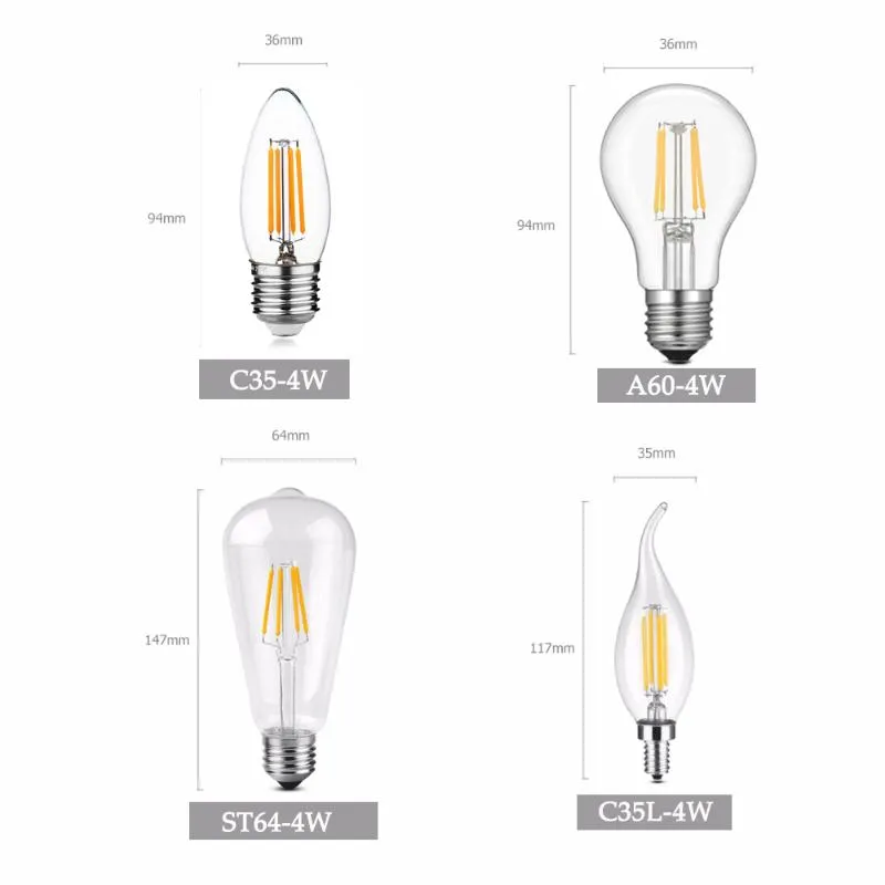 لمبات Edison LED LED E27 E14 خمر الضوء 220V