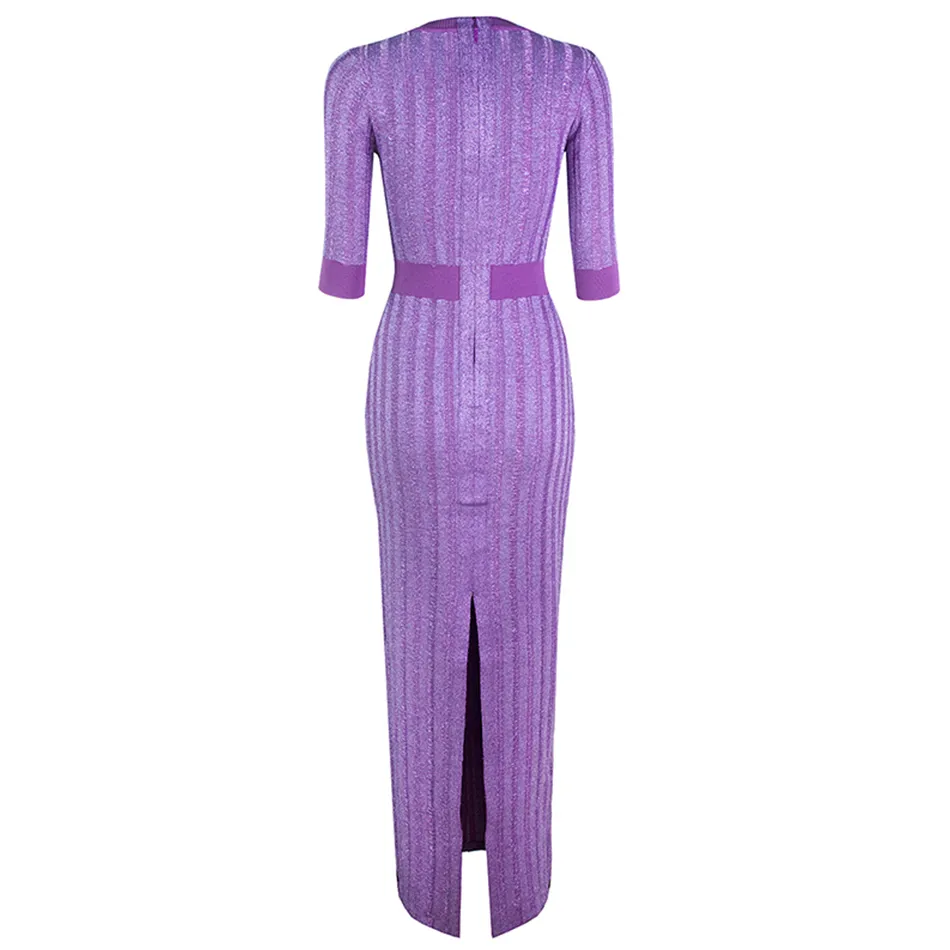 Été Femmes À Manches Longues Rayonne Bandage Robe Sexy Violet Rayé Club Celebrity Soirée Piste Maxi Robes 210423